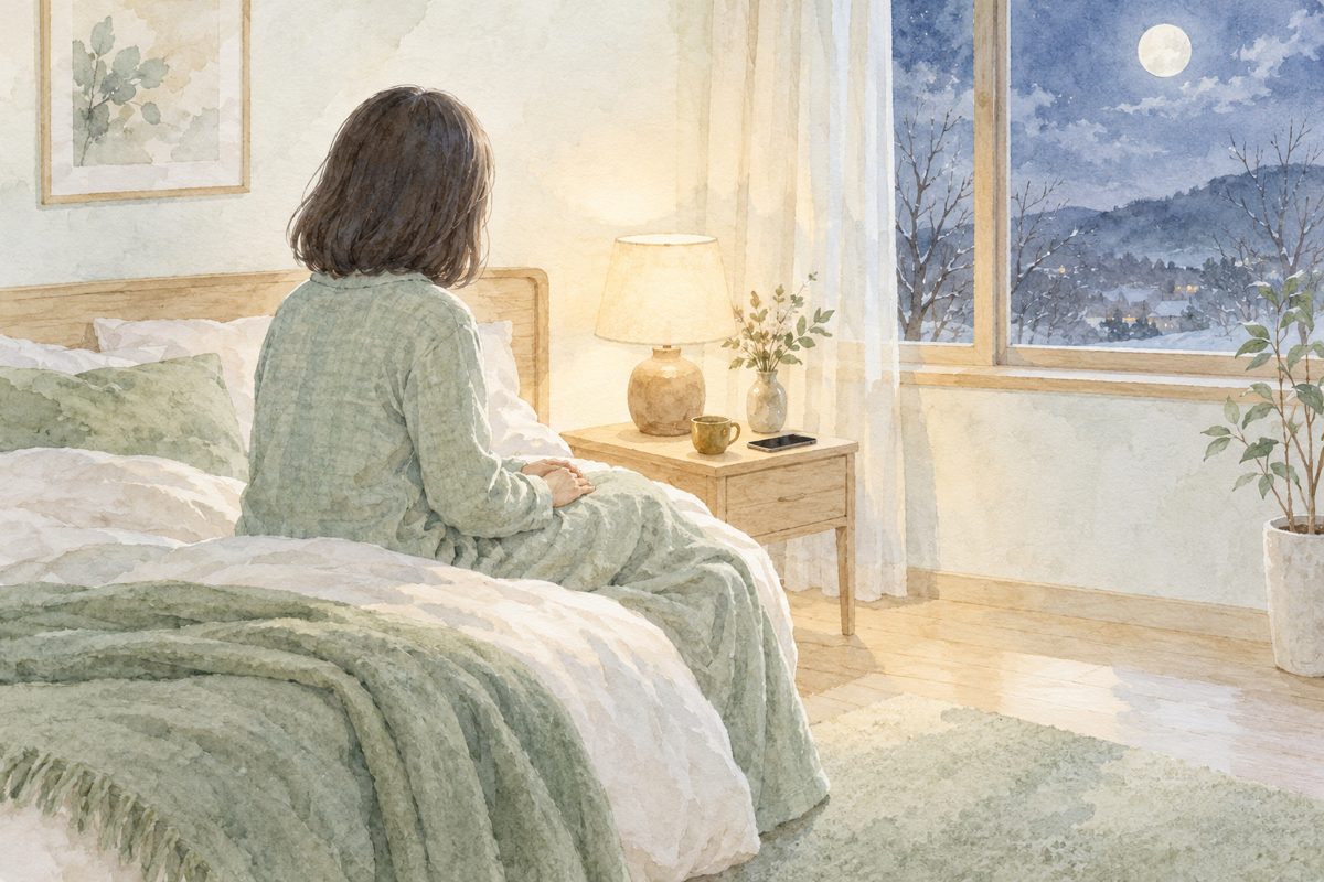 進行がんの痛みと眠れない夜の挿絵（水彩）